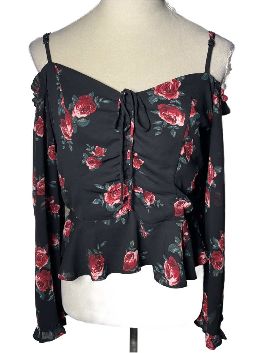 H&M Divided Black Chiffon Floral Rose Print Off-Shoulder Long Sleeve Blouse (10)